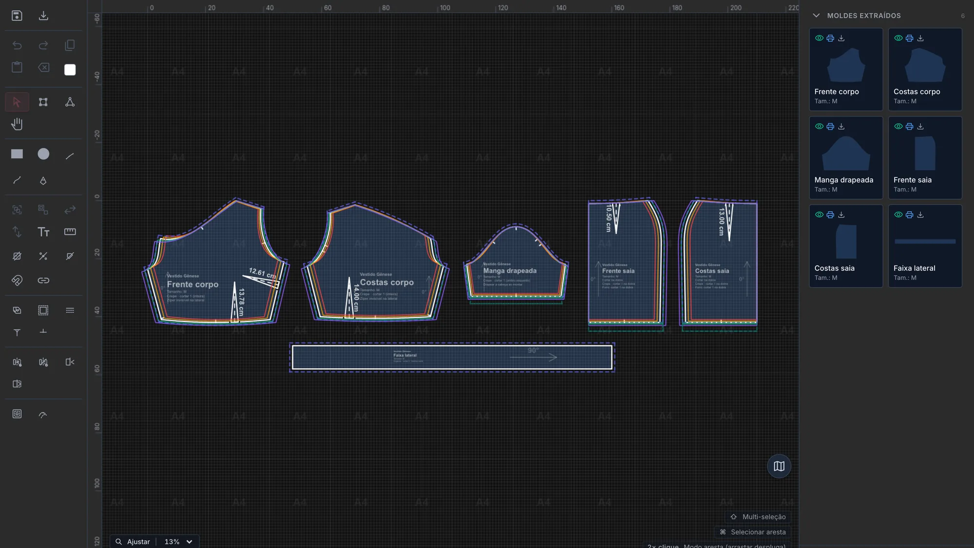 Módulo Modelagem do Inaá Studio no modo escuro, com o projeto do Vestido Gênese